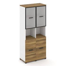 Шкаф две узкие секции, 5 ниш (Два фасада ЛДСП 2 ниши + два фасада стекло белое матовое в раме,  2 ниши) 836х420х1922