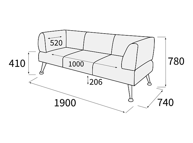 Диван 3-х местный 1900x730x780