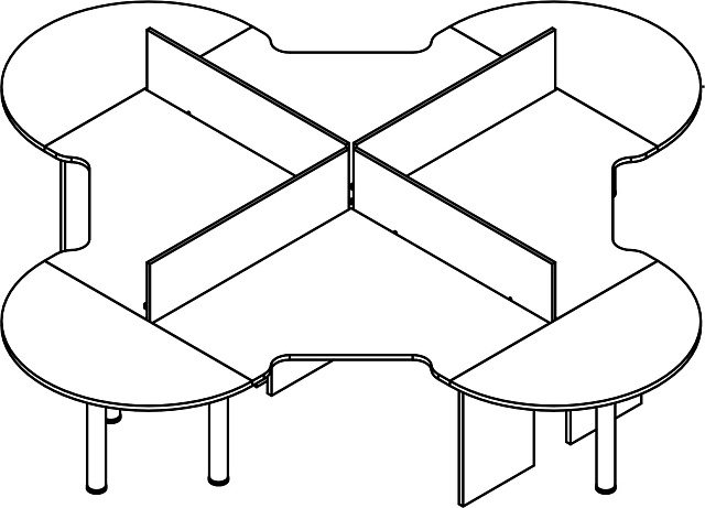 Композиция из 4 рабочих станций 120 с полукругами и экранами ДСП 3700x3700x720