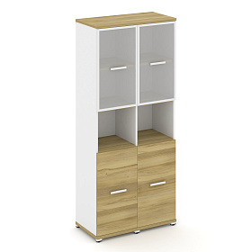 Шкаф две узкие секции, 5 ниш (Два фасада ЛДСП 2 ниши + два фасада стекло белое матовое в раме,  2 ниши) 836х420х1922