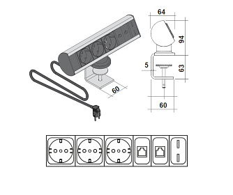 Комплект для электропитания с фиксирующим зажимом для крепления к столу (кабель 3м)