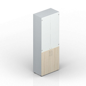 Шкаф для документов (2 двери + 2 белые матовые стеклянные двери, 4 полки, ручки - алюминий), 800х440х1950