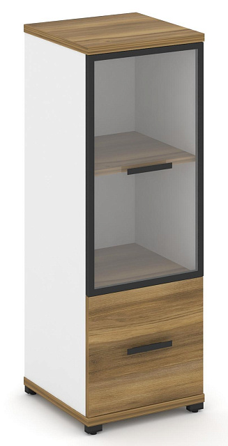 Шкаф одна узкая секция, 3 ниши (фасад ЛДСП, 1 ниша + фасад стекло прозрачное в раме, 2 ниши) 420х420х1186