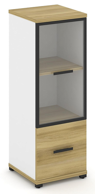Шкаф одна узкая секция, 3 ниши (фасад ЛДСП, 1 ниша + фасад стекло прозрачное в раме, 2 ниши) 420х420х1186