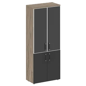 Шкаф высокий широкий (2 низких фасада ЛДСП + 2 средних фасада стекло лакобель черный в раме) 800х420х1977